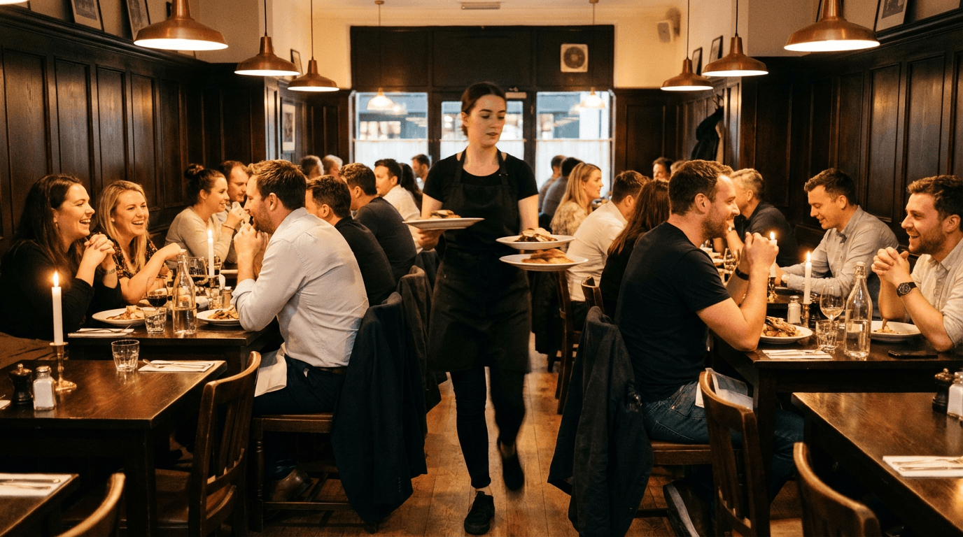 Busy restaurant kitchen with chefs at work